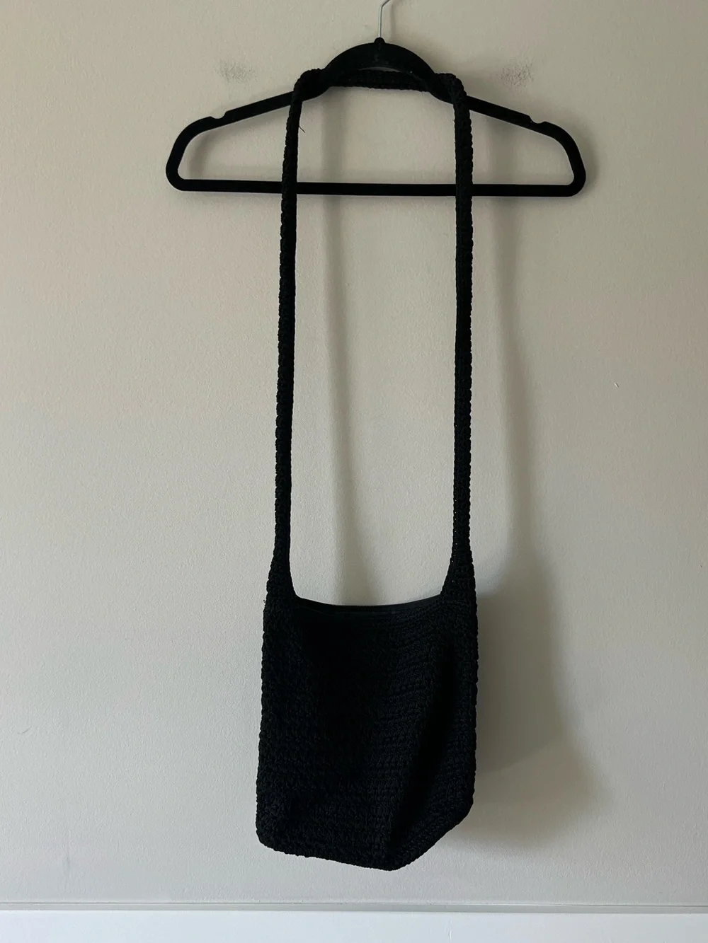 The Sak Black Crochet Knit Hobo Shoulder Bag Boho Slouch Zip Tote Purse